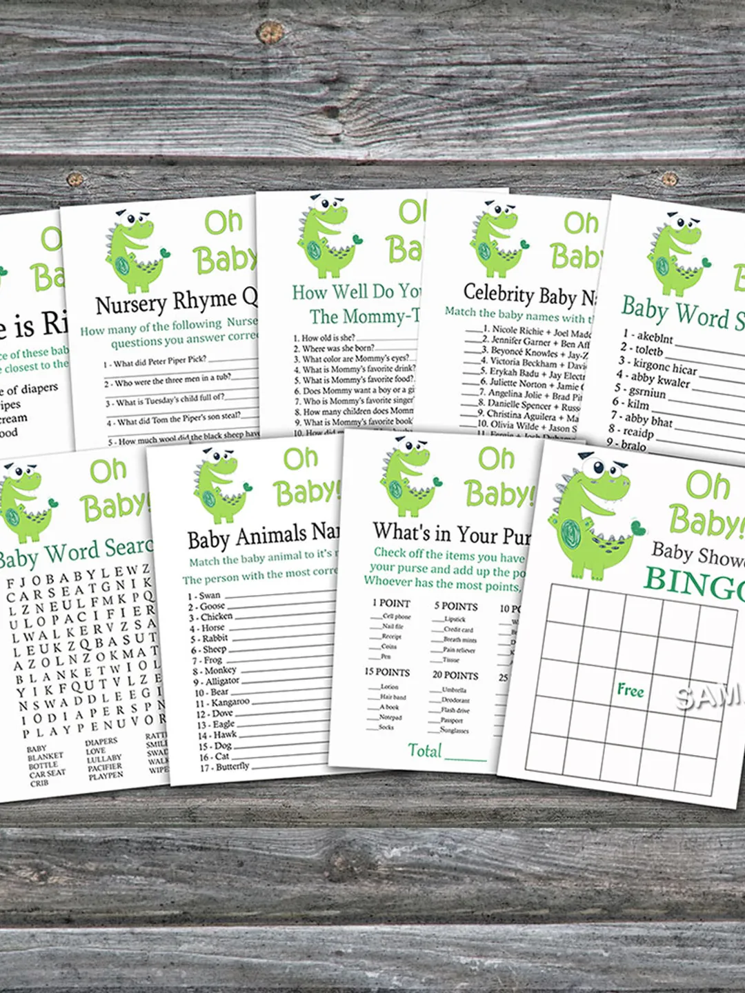 Green Dinosaur baby shower games bundle,Dino Baby Shower games package,Fun Baby Shower Games,9 Printable Games-209