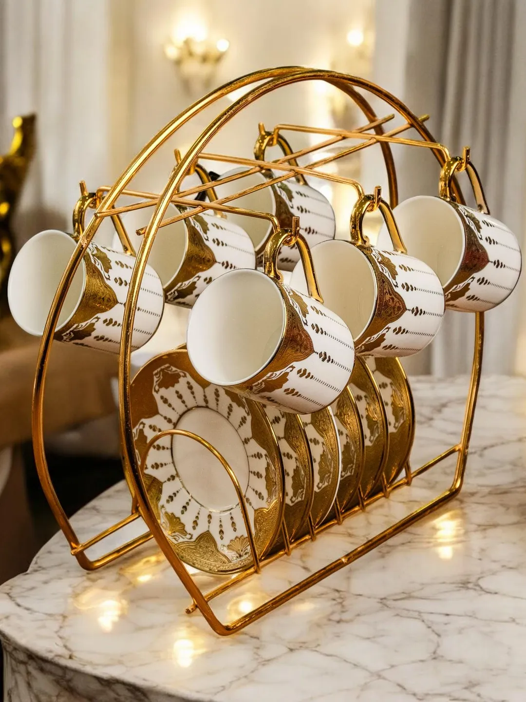 14K Genuine Gold Powder Porcelain Tea Cups And Saucers | Tea Cups Saucers Set | Gold Porcelain Set | Elegant Teaware | Gift For Tea Lovers