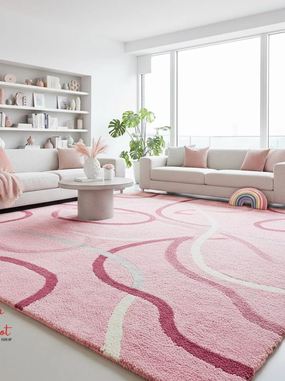Pink Abstract Hand-Tufted Wool Rug, Modern Living Room Carpet