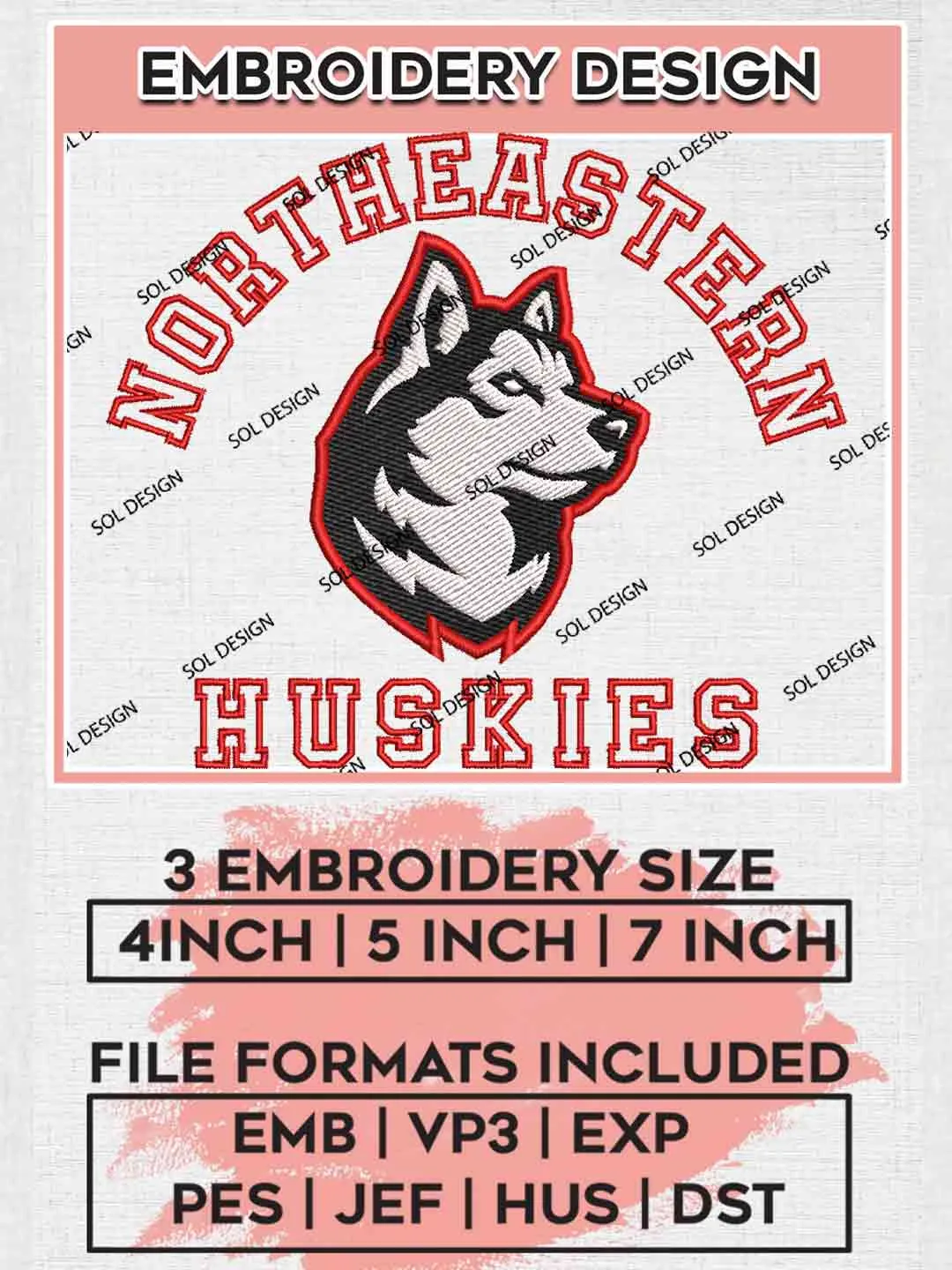 Northeastern Huskie Embroidery Design, Football Embroidery files, Sport Machine embroidery files, 3 sizes, Instant Download