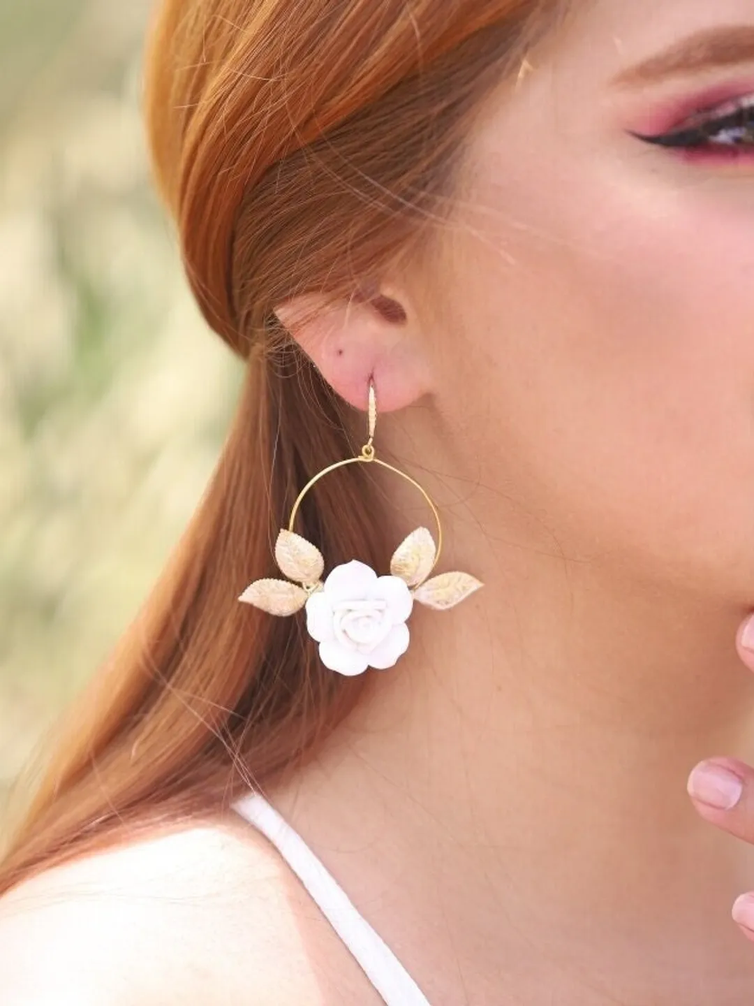 Gold Porcelain Flower Hoop Boho Wedding Earrings, Statement Crystal Leaves Boho Bridal Earrings, Floral Bridal Jewelry, Leaf Wedding Jewelry