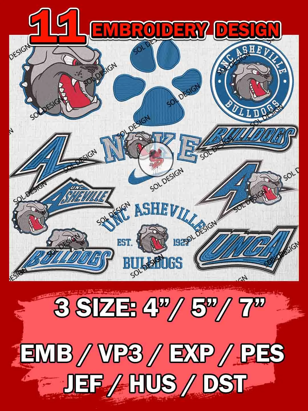 11 NCAA UNC Asheville Bulldogs Bundle Embroidery Files, NCAA UNC Asheville Bulldogs Team Bundle Embroidery Designs, NCAA Teams, National College Football Team 3 sizes, NCAA UNC Asheville Machine Embroidery, Digital Download