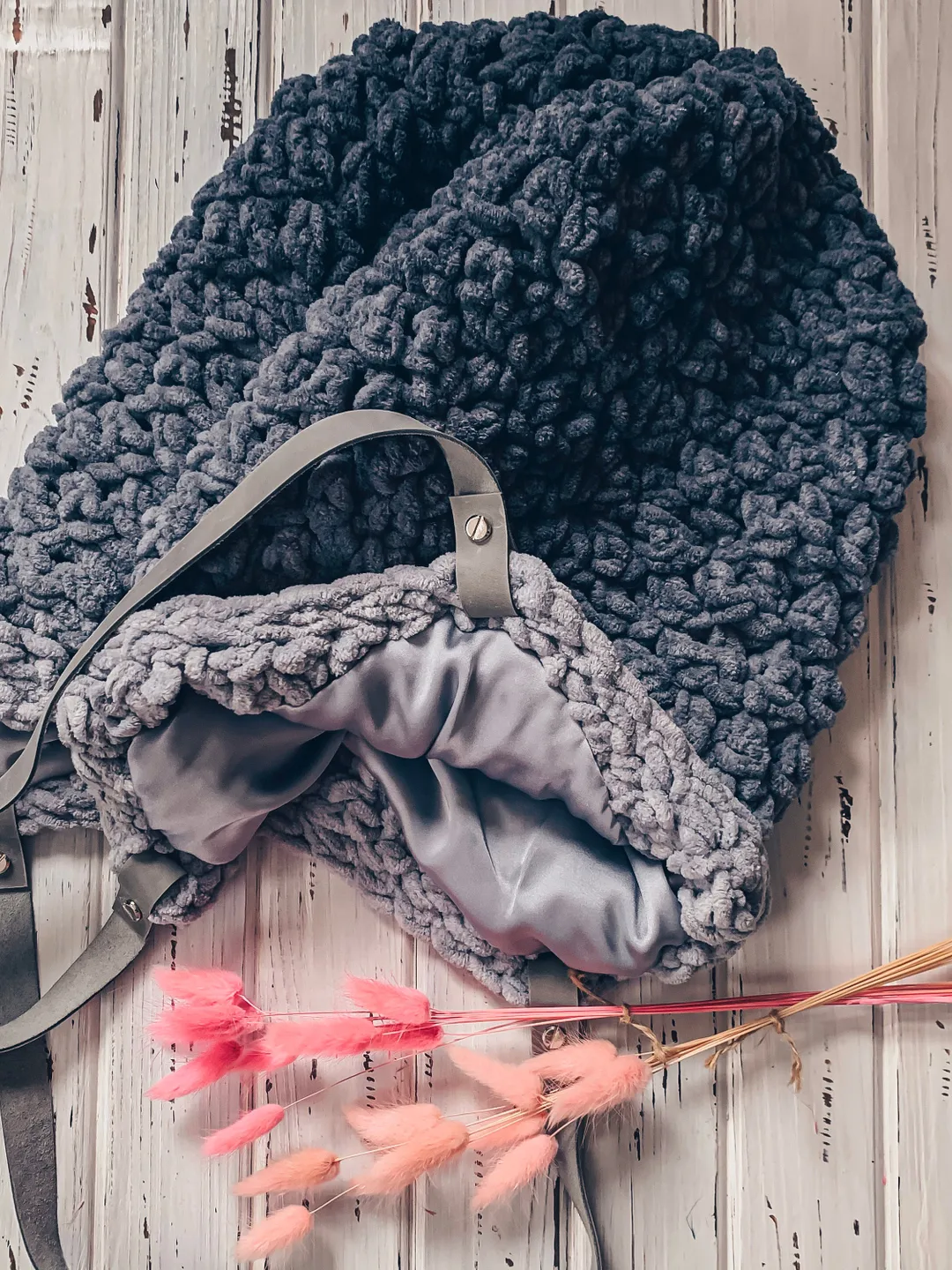 Silver plush bag, crochet grey tote with leather handles, market farmers pound