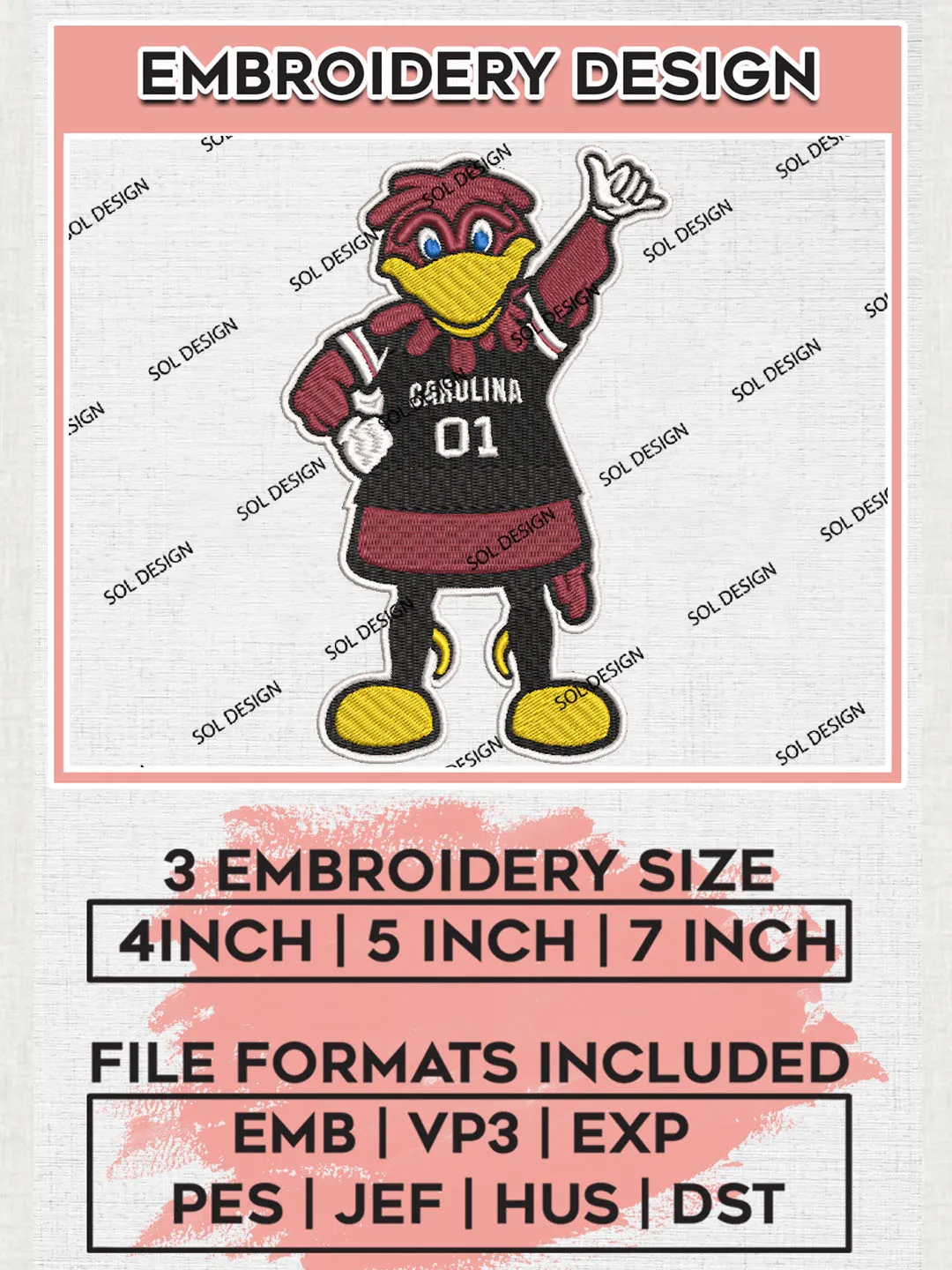 NCAA South Carolina Gamecocks Team Mascot Logo Embroidery Design Files, NCAA South Carolina Gamecocks Machine Embroidery, NCAA Teams, 3 sizes, NCAA Machine embroidery designs, Digital Download