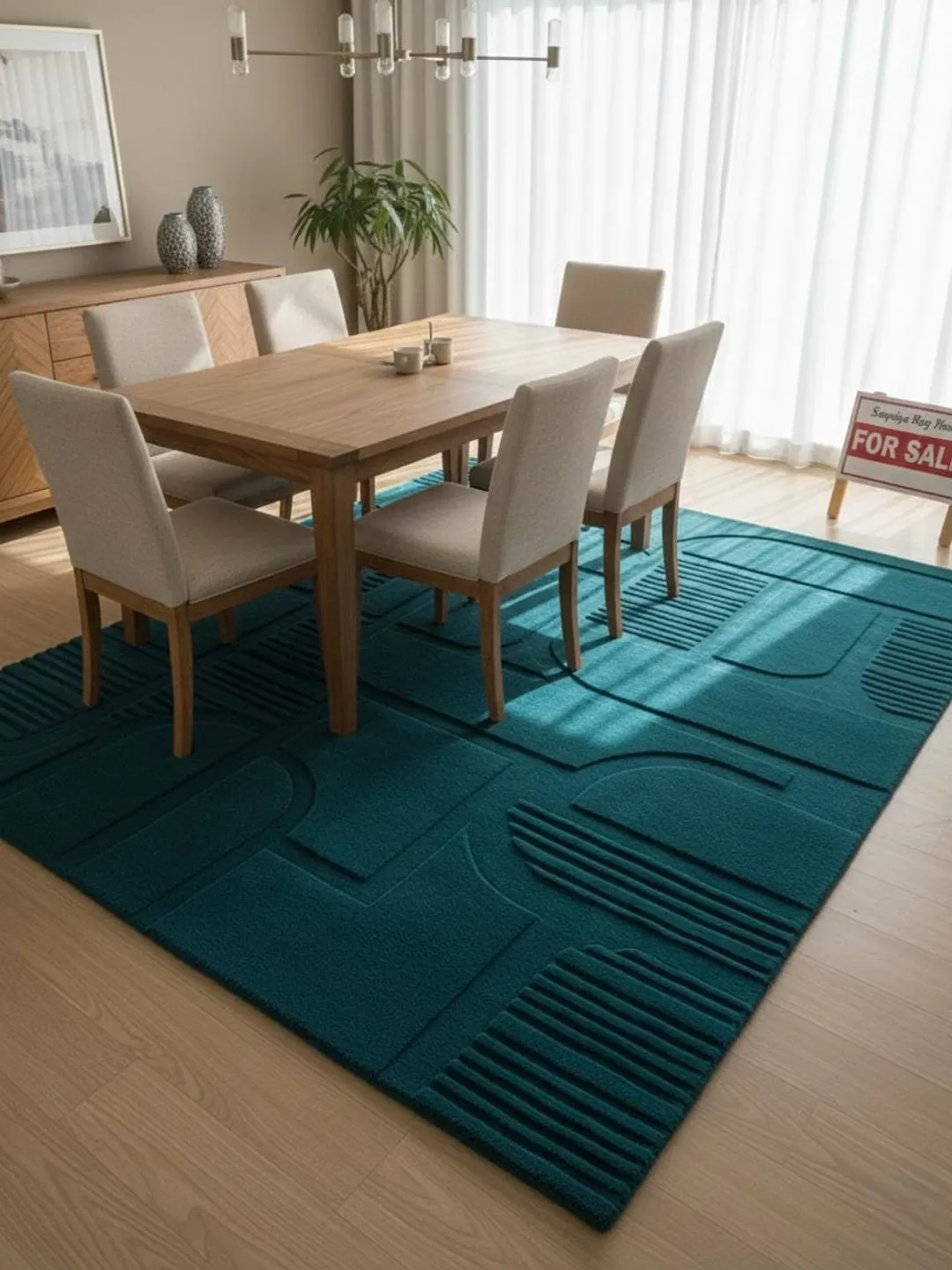 Teal Pattern Rug Texture Teal Wool Area Rug | Hand Tufted, 3D Sculpted Texture, Custom Size
