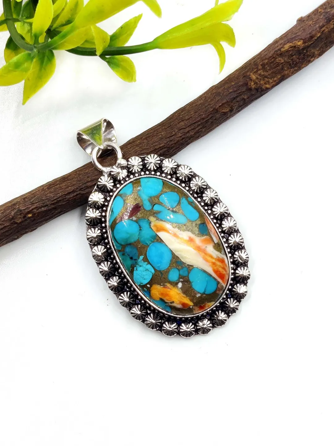 Natural Oyster Copper Turquoise Sterling Silver Pendant, Boho Gemstone Jewelry