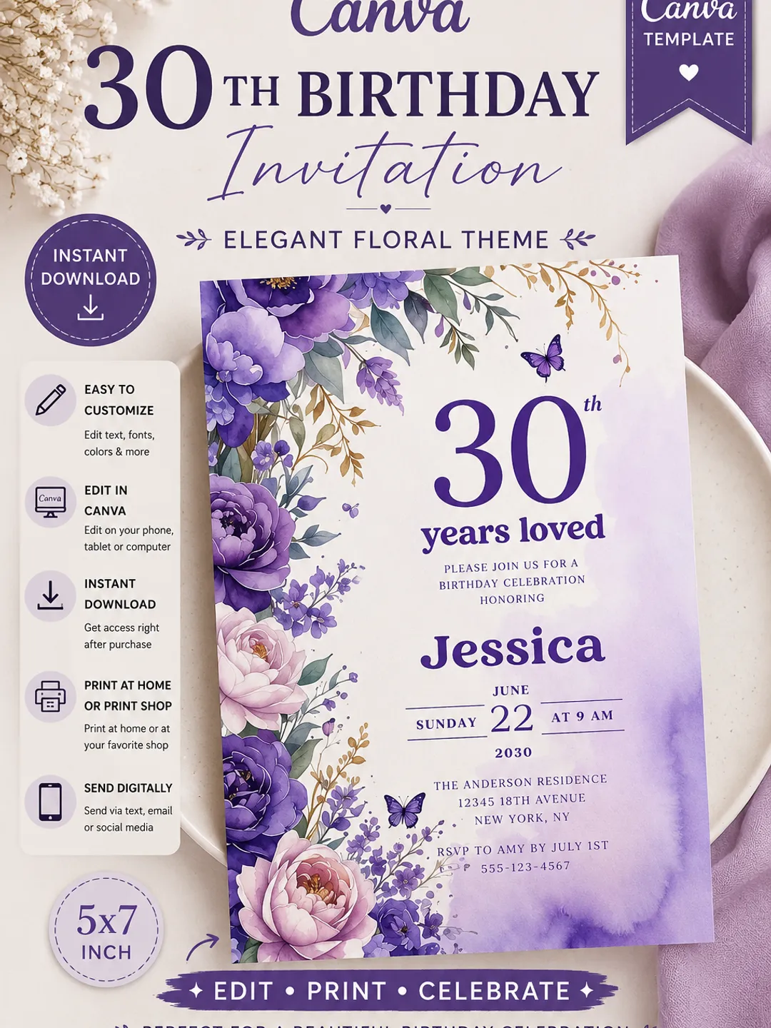 30th Birthday Invitation Canva Template, Purple Floral Butterfly Birthday Invite, Editable 30 Years Loved Party Invitation Digital Download