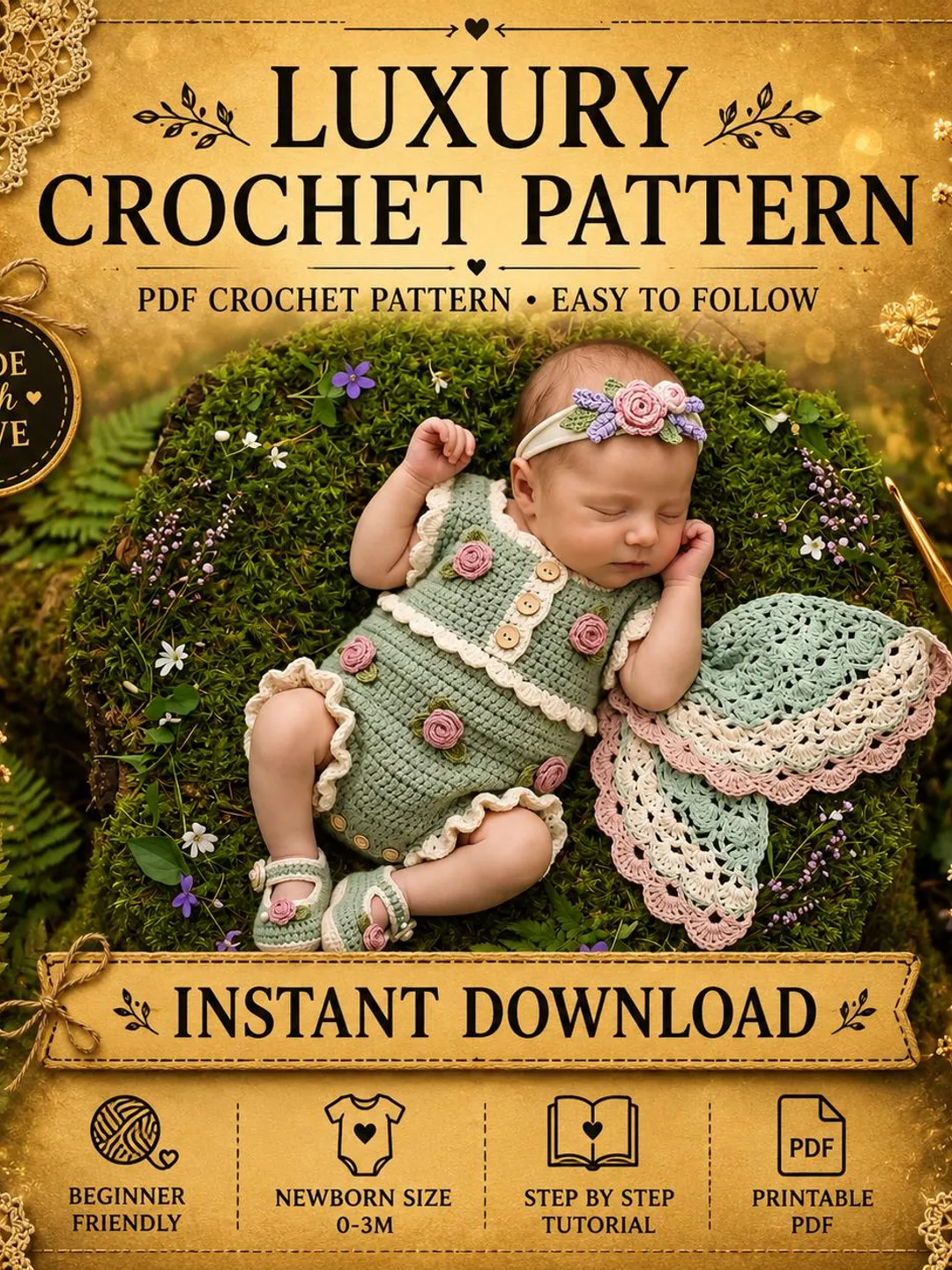 Crochet Baby Romper & Cardigan Pattern PDF | Newborn Baby Shower Gift | Infant Crochet Set | Easy Newborn Sweater Instant Download