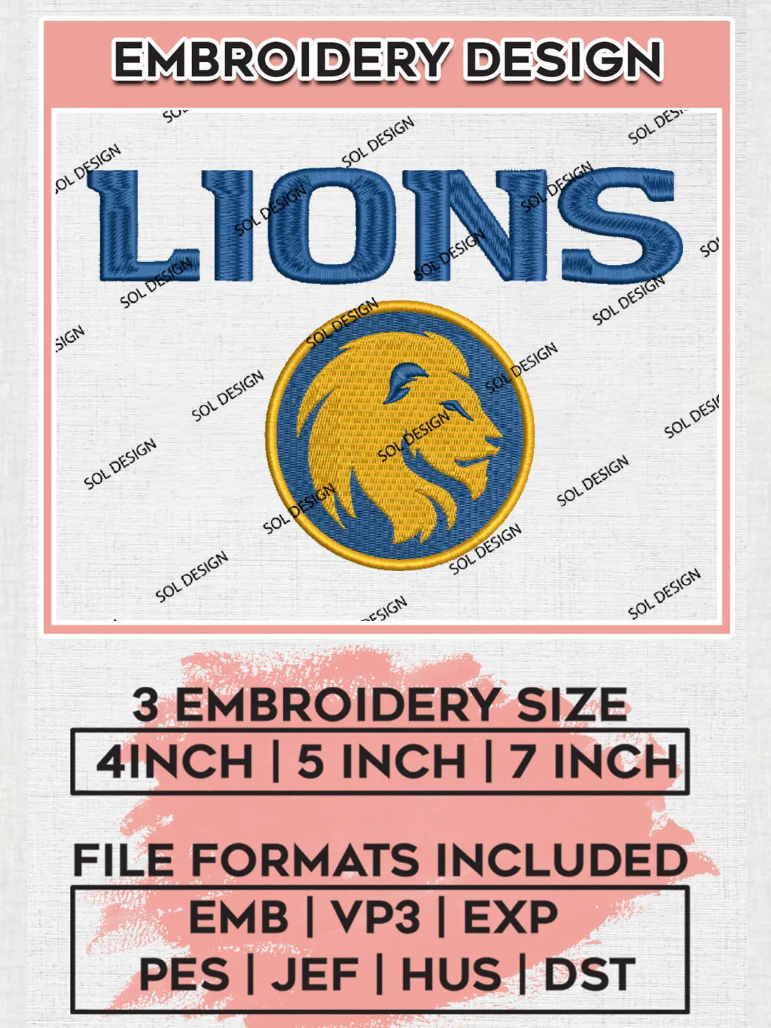 NCAA Lions College Football Team Head Mascot Logo Embroidery Design Files, NCAA Texas A&M Commerce Lions Machine Embroidery, NCAA Teams, Game Day, 3 sizes, NCAA Machine embroidery designs, Digital Download