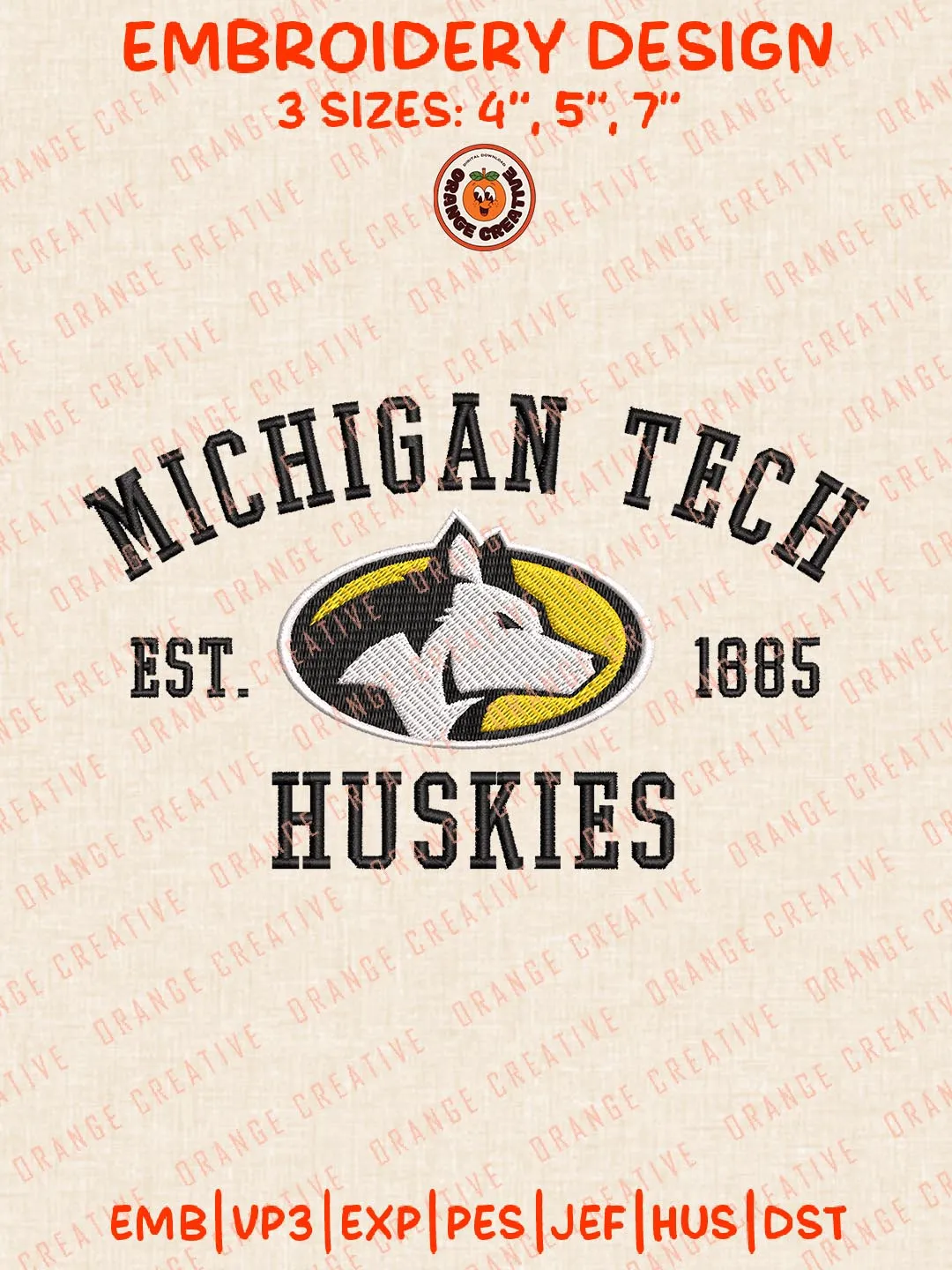 Michigan Tech Huskies Est 1885 Embroidery Design, NCAA Team Logo Embroidery Design, Machine Embroidery Design File, 4 Sizes, Custom Size, Digital Download