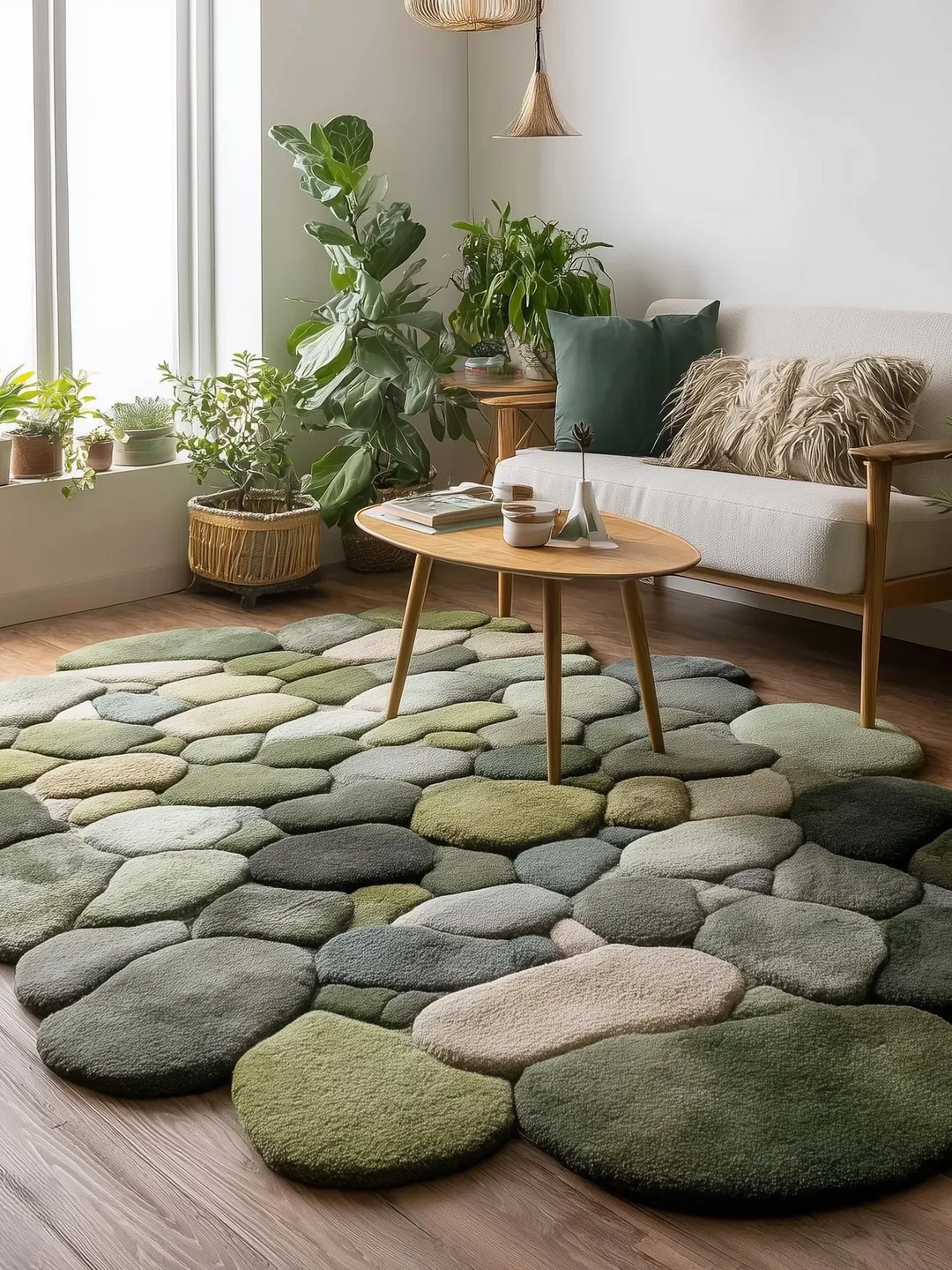 Handmade Wool Pebble Rug: 3D Stone Carpet, Biophilic Decor Teppich