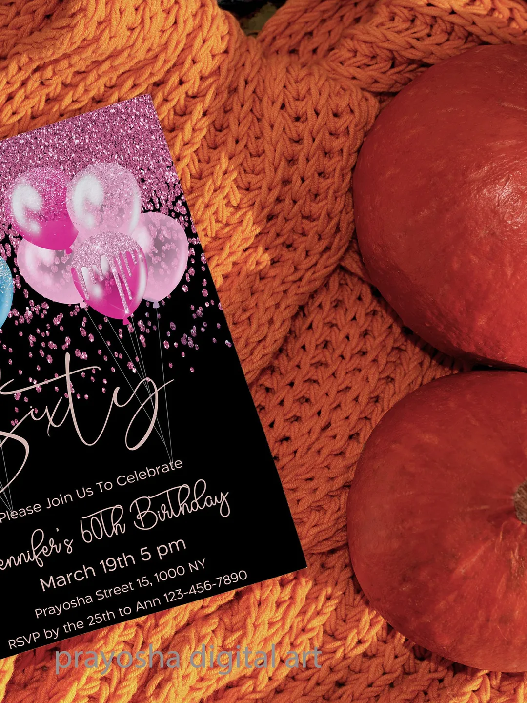 60th Birthday Invitation: Pink & Black Balloons, Surprise Party (Digital Download 5x7" Template)