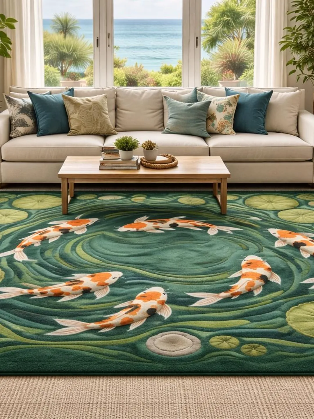 Pond Rug Design Hand Tufted Koi Fish Wool Rug, Modern Ivory Living Room Area Carpet