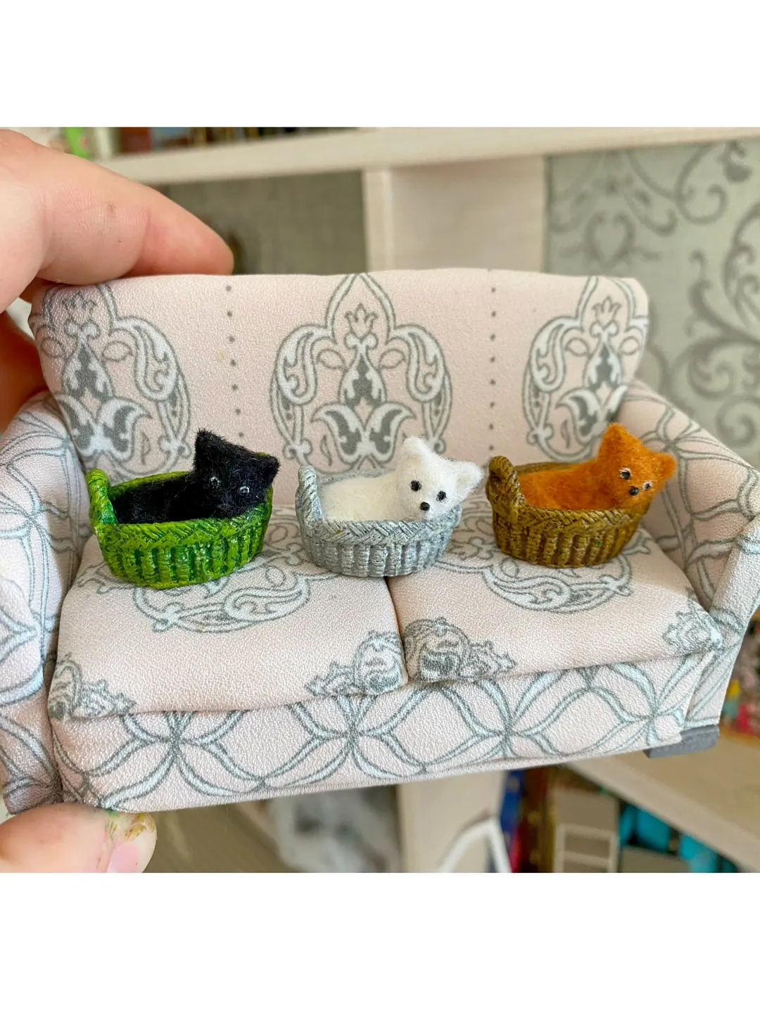 Kittens in a basket. Miniature. 1:12.Cat for a doll. Dollhouse miniature.Handmade.