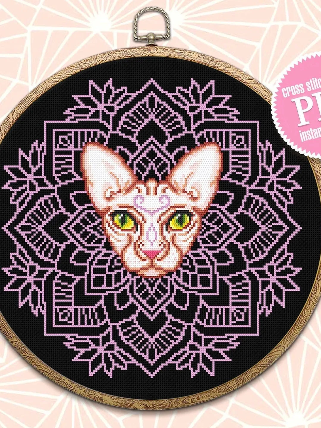 Mandala cat cross stitch pattern download PDF, Sphynx cat cross stitch chart, Easy mandala pattern digital PDF, Modern beginner stitch #M129
