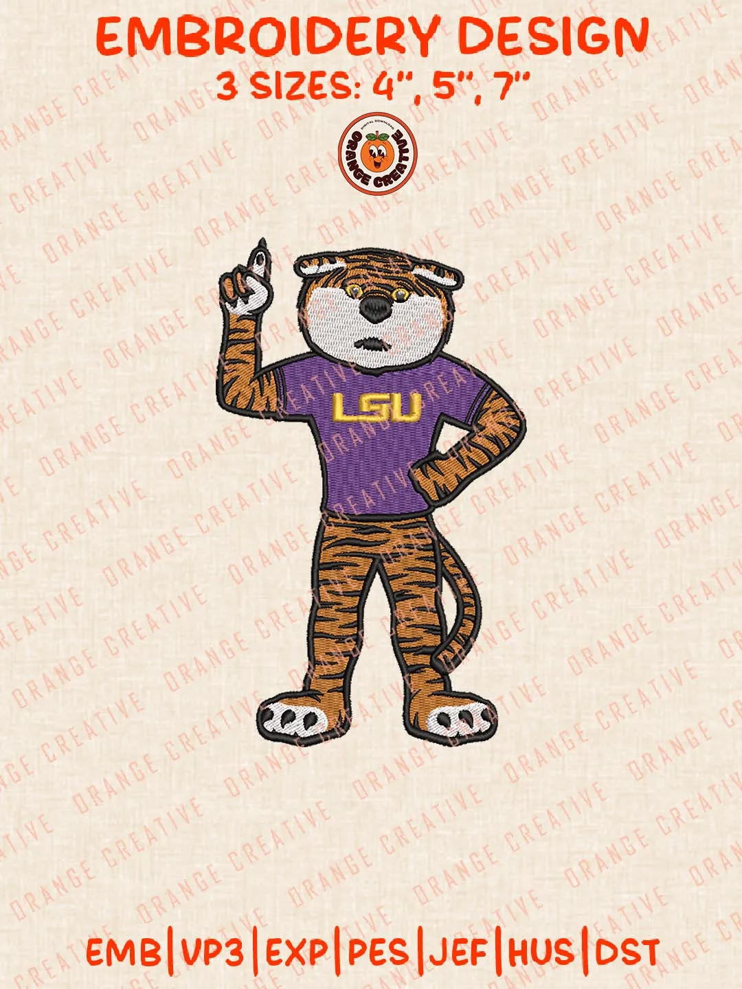 LSU Tigers Mascot Logo Embroidery Design, NCAA Team Embroidery Design, Machine Embroidery Design File, 4 Sizes, Custom Size, Digital Download