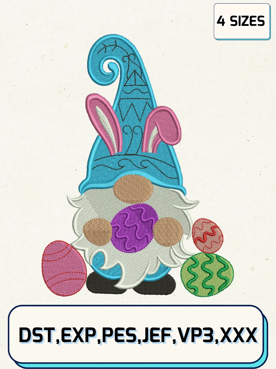 Easter Gnome Embroidery Design Files, Easter Day Logos Embroidery Designs, Machine Embroidery Files, 4 Sizes