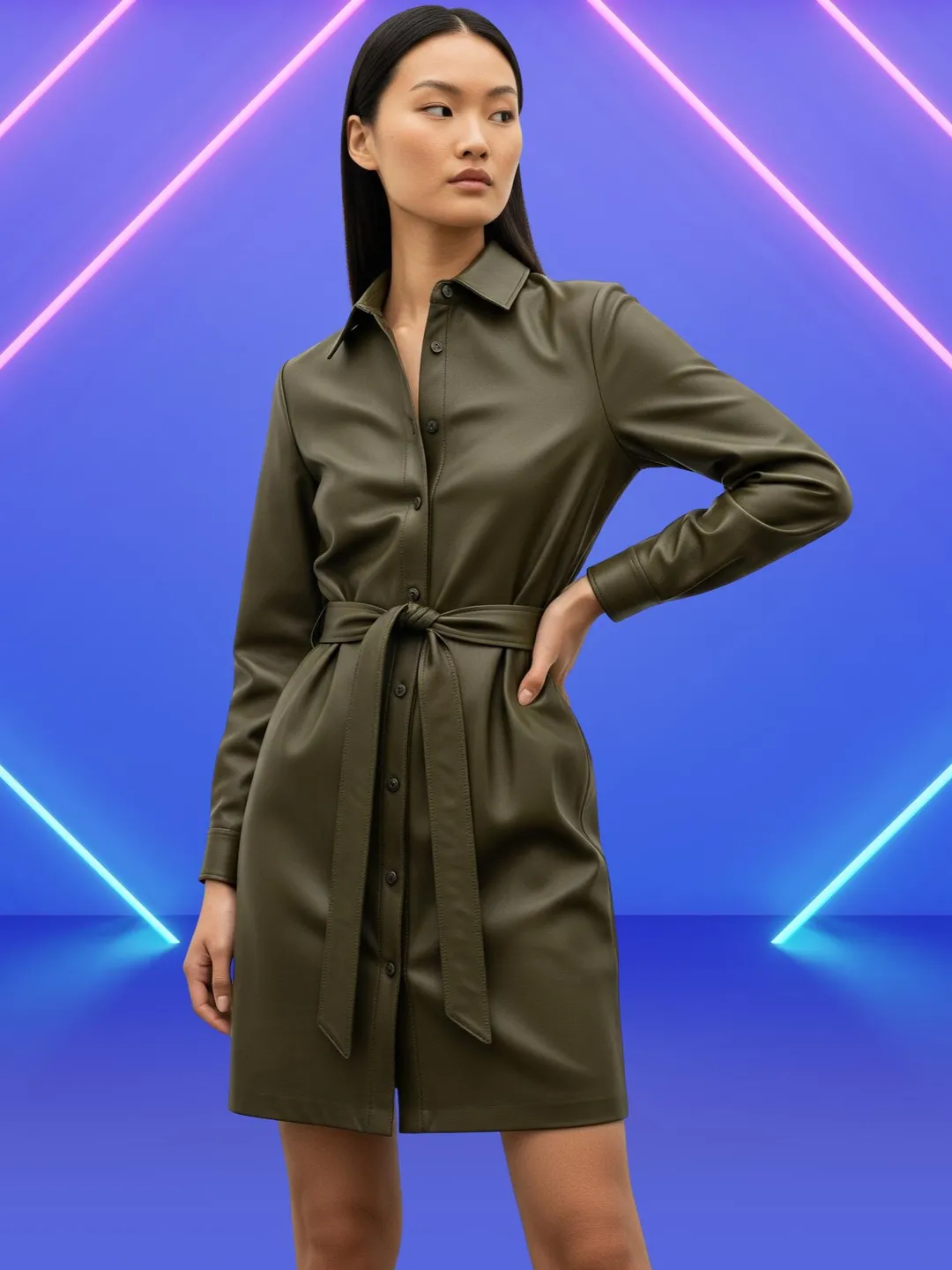 women sheep leather shirt Dress ,Olive Green leather Top Long Sleeve Belted Mini Dress | Waist Tie Mini Dress Western Party wear Fall Outfit