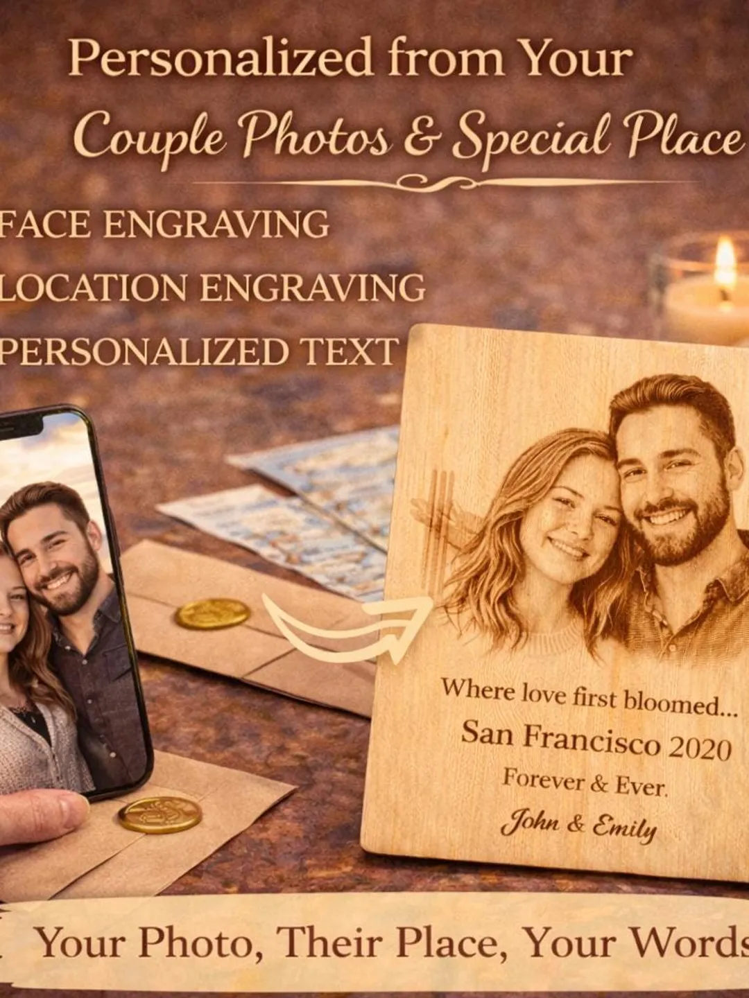 Personalized Couple Gift Custom Photo Gift Anniversary Gift Where We Met Gift Wooden Engraved Letter Romantic Keepsake Gift for her