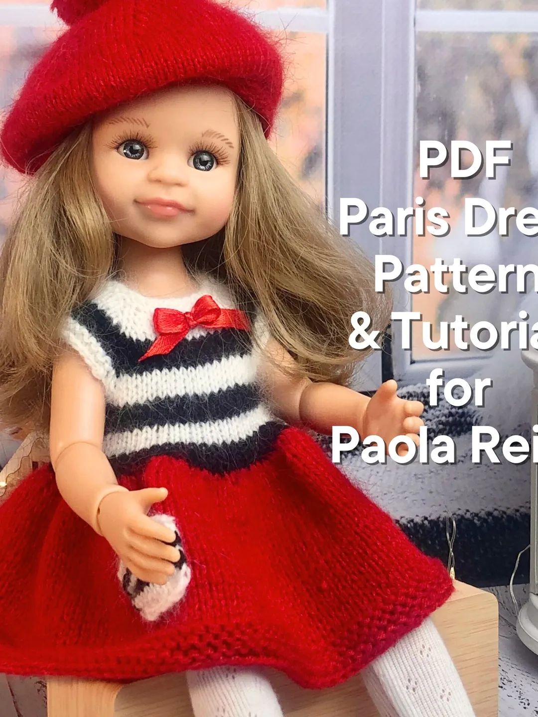 French Dress for Paola Reina doll KNIT PATTERN Oar dress for Boneka 12-13  inch doll, Ruby Red Siblies, Les Cheries 32 cm PDF eng