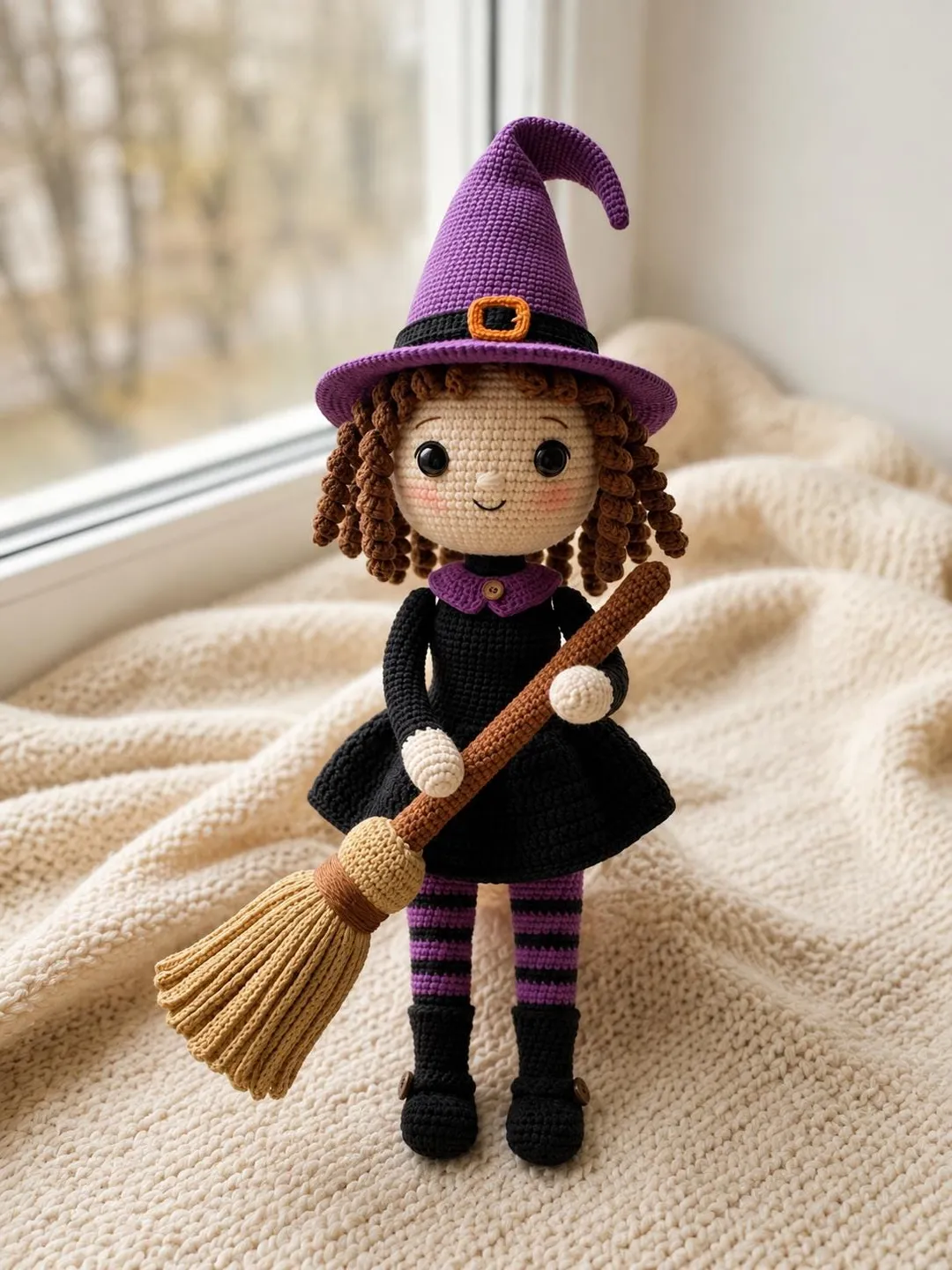 Crochet Witch Doll Pattern | Amigurumi Halloween Decor, Broom, Striped Stockings (PDF)