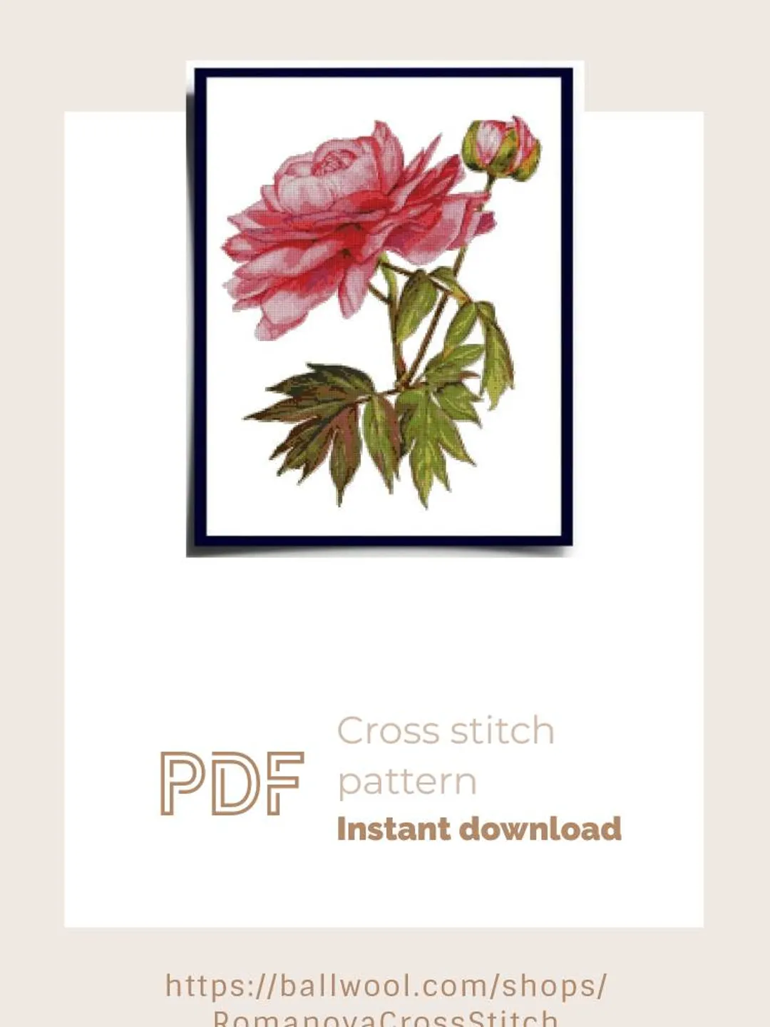 Watercolor Pink Peony cross stitch PDF pattern,  Flower embroidery, Instant download
