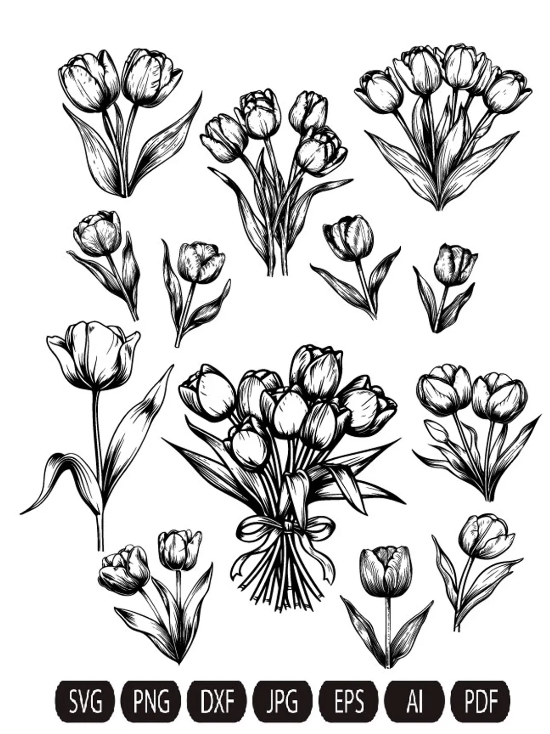 Tulip set SVG,Tulips Flower, Vector Drawin,Сut files,Art Clipart Digital Download