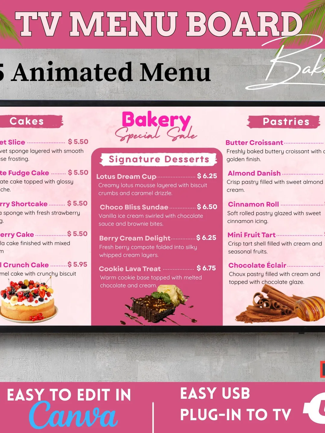 Animated TV Menu Board Template for Canva, Editable Digital Restaurant ...