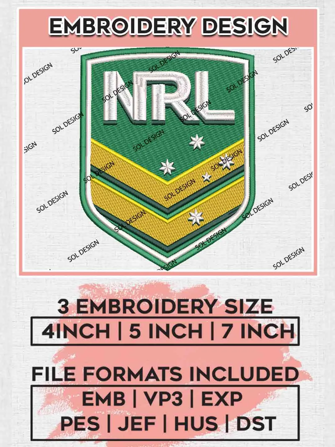 National Rugby League Logo Machine Embroidery Design, National Rugby League Embroidery Design, NRL Logo Embroidery Design, NRL Machine Embroidery Digitized Pes File, 3 Sizes, Instant Download