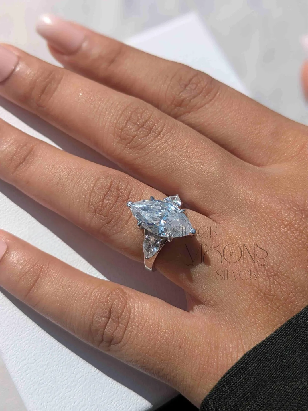 4CT Marquise Moissanite Ring, Three Stone Engagement Ring, Pear Accent Bridal Jewelry, White Rhodium Promise Gift for Her