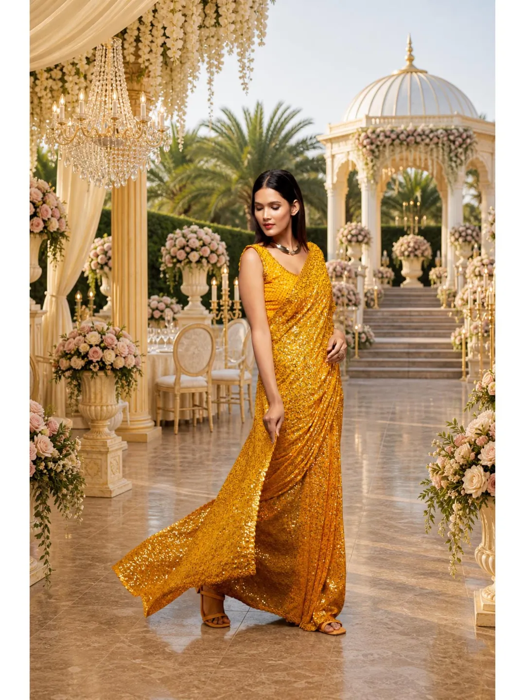 Yellow Sequin Ready To Wear Saree For Women: Indian Wedding Party Wear