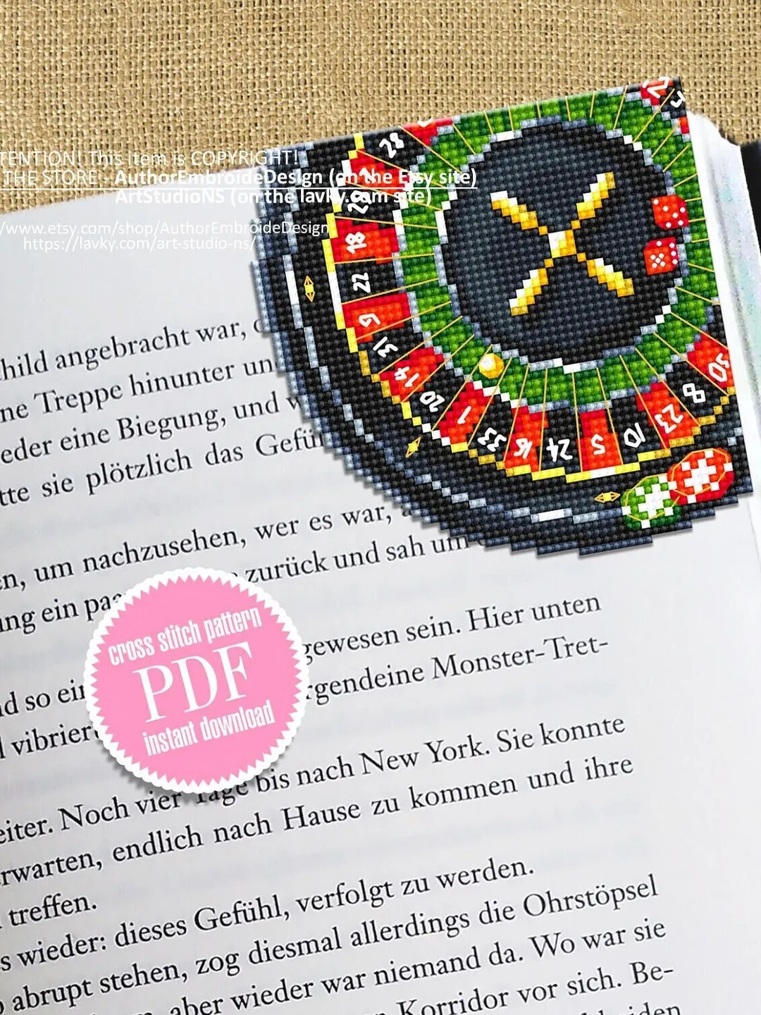 Corner bookmark cross stitch pattern PDF download Casino roulette cross stitch chart, Cool bookmark digital PDF, Game bookmark for him #B253