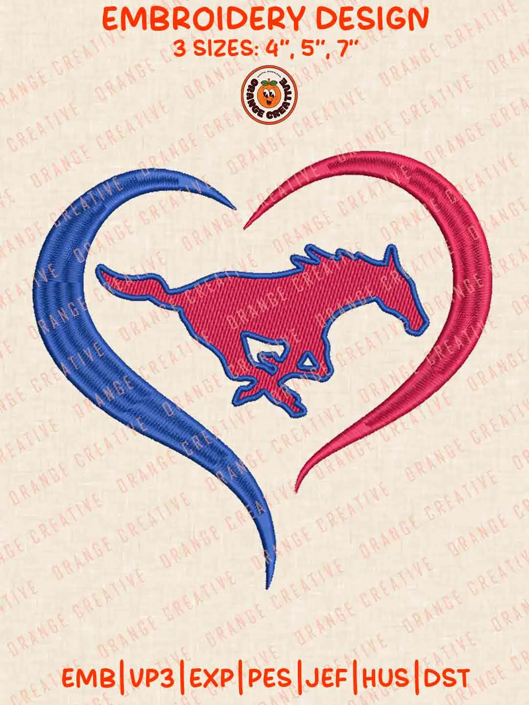 SMU Mustangs Heart Logo Embroidery Files, NCAA Team Embroidery Design, Machine Embroidery Design File, 4 Sizes, Custom Size, Digital Download