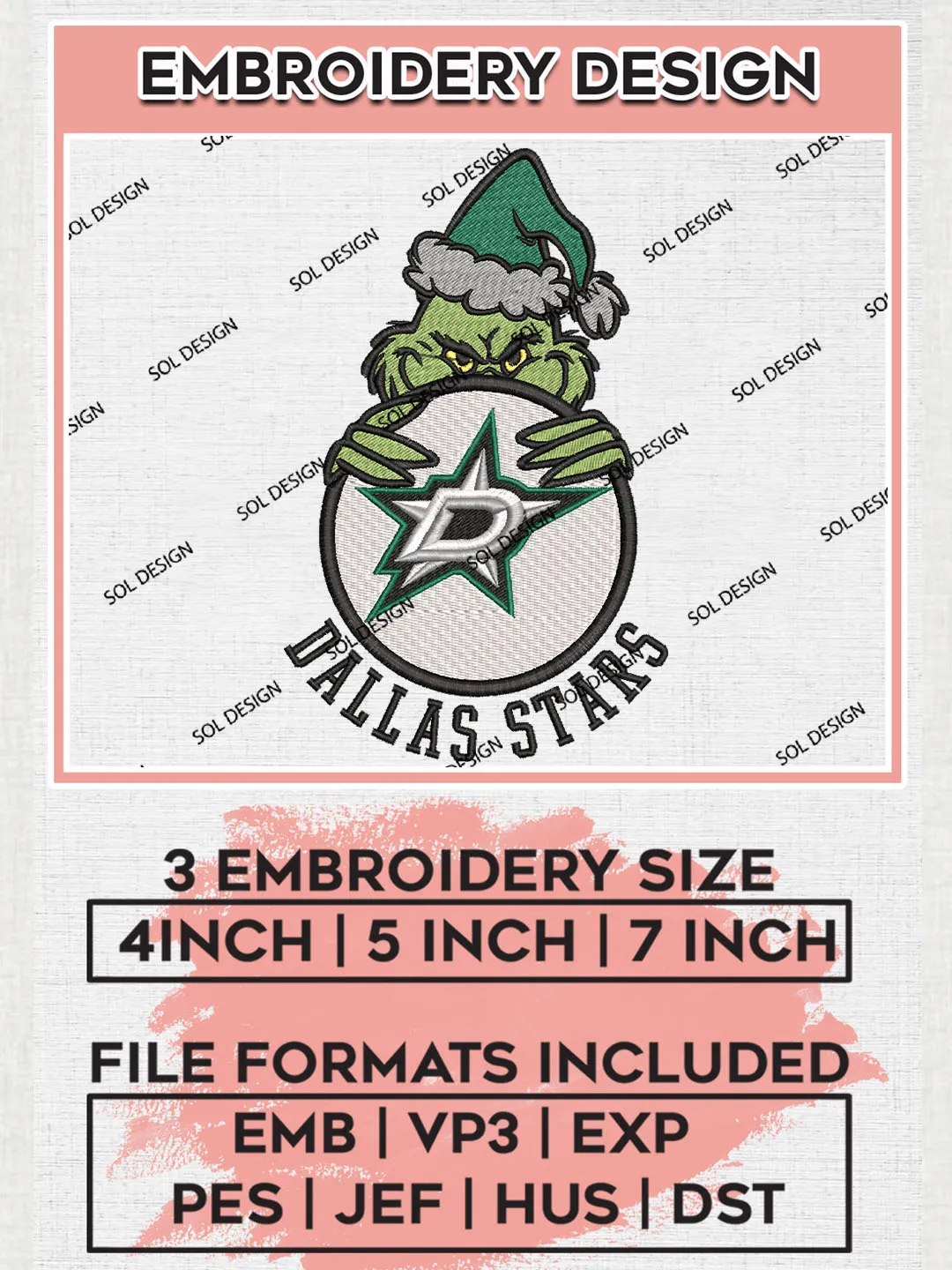 NHL Dallas Stars Team x Christmas Grinch Logo Embroidery, Grinch Logo Embroidery files, NHL Hockey Team, NHL Dallas Stars Team Machine embroidery designs, Digital Download