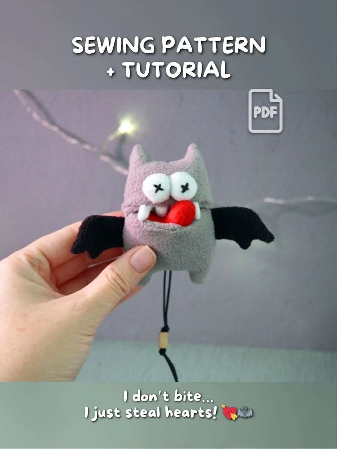 Bat sewing pattern with heart PDF tutorial – mini plush toy with pocket mouth