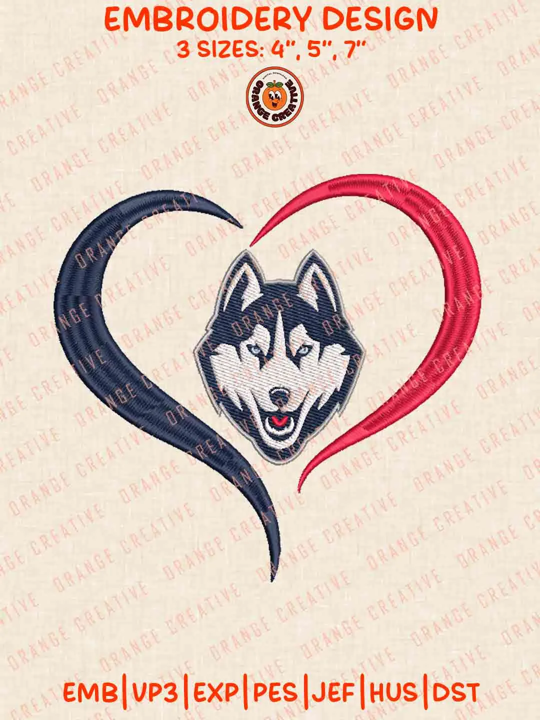 UConn Huskie Heart Football Embroidery Design Files, Football Logos Embroidery Designs, Sport Machine Embroidery Files, 3 Sizes, Custom Sizes, Instant Download