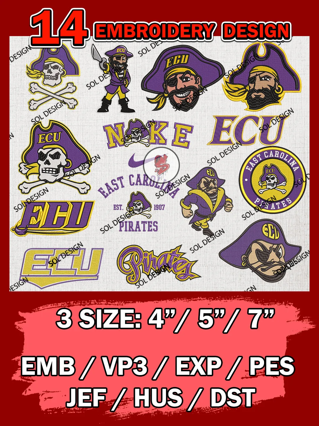 14 NCAA East Carolina Pirates Bundle Embroidery Files, NCAA East Carolina Pirates Team Bundle Embroidery Designs, NCAA Teams, National College Football Team 3 sizes, NCAA East Carolina Machine Embroidery, Digital Download