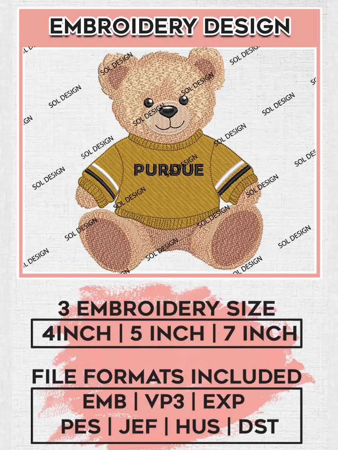 Purdue Fort Wayne Mastodon Teddy Bear Embroidery Design, Football Embroidery files, Sport Machine embroidery files, 3 sizes, Instant Download