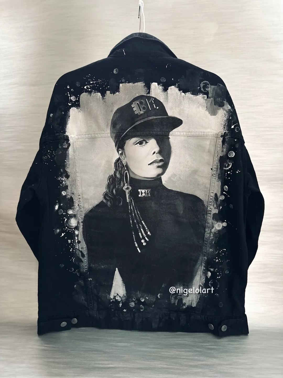 Janet Jackson Painted denim jacket Custom jacket Portrait from photo Personalized order Black denim jacket shirt