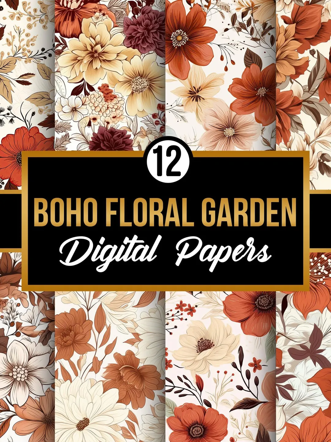 Boho Floral Garden Digital Papers, Beige & Brown Flowers Seamless ...