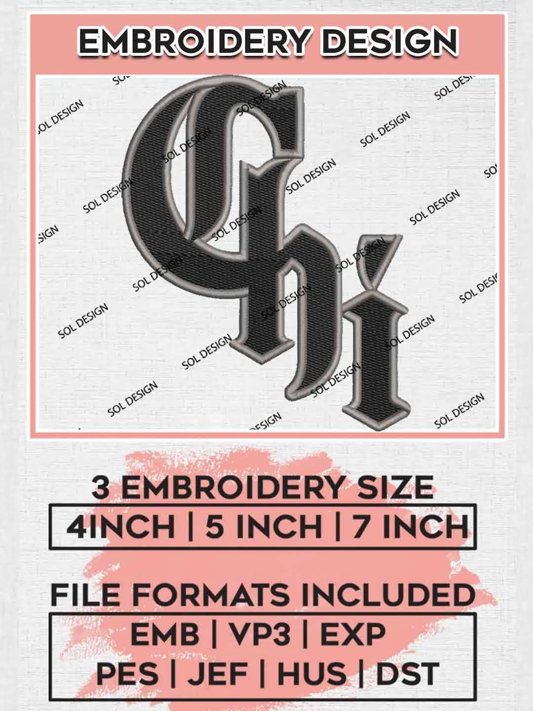 Chi Logo Embroidery Files, MLB Chicago White Sox Team Embroidery, MLB Teams, 3 sizes, MLB White Sox Machine embroidery designs, Digital Download