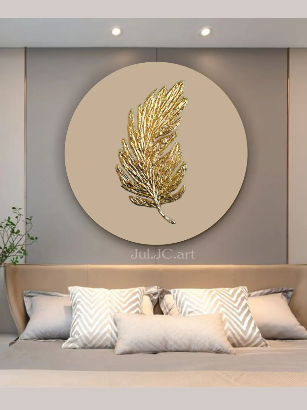Gold Feather Abstract Painting Gold and Beige Wall Art on a round canvas Textured Artwork Modern wall decor