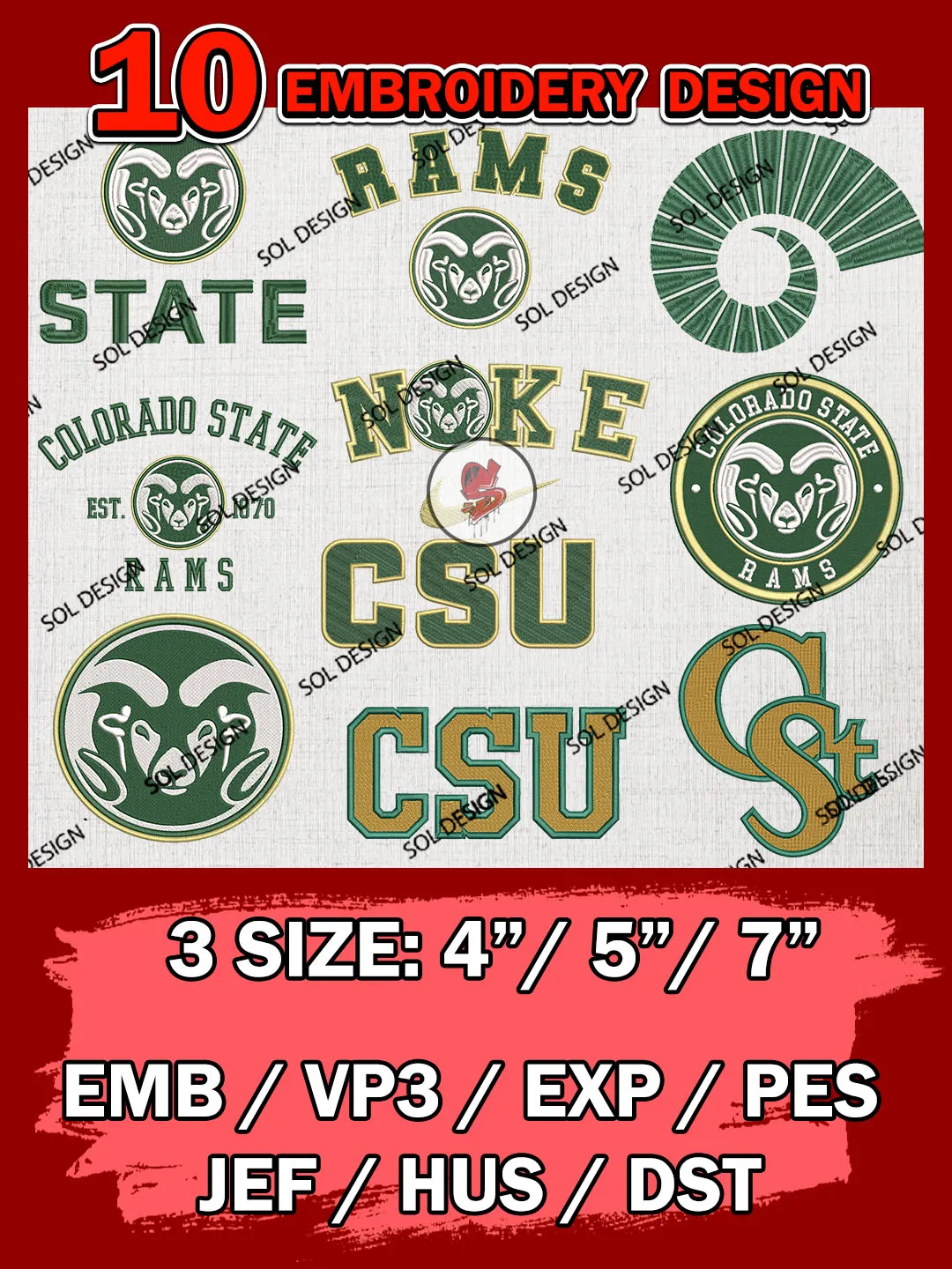 10 NCAA Colorado State Rams Bundle Embroidery Files, NCAA Colorado State Rams Team Bundle Embroidery Designs, NCAA Teams, National College Football Team 3 sizes, NCAA Colorado State Machine Embroidery, Digital Download