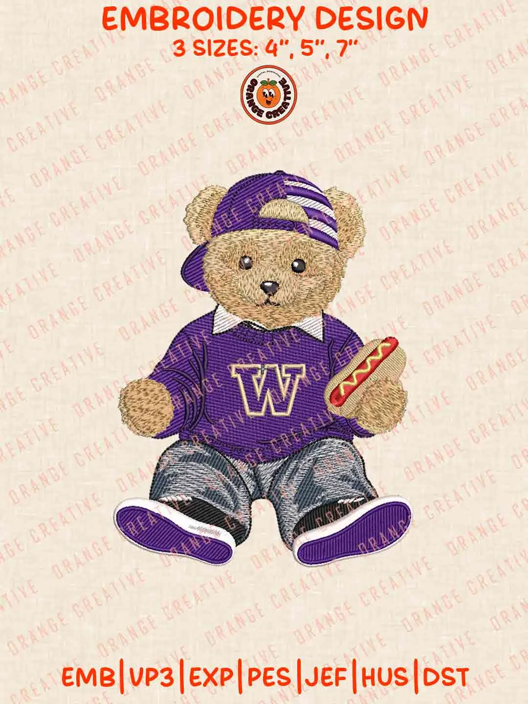 Washington Huskie Teddy Bear Embroidery Design Files, Football Embroidery Designs, Sport Machine Embroidery Files, 3 Sizes, Custom Sizes, Instant Download