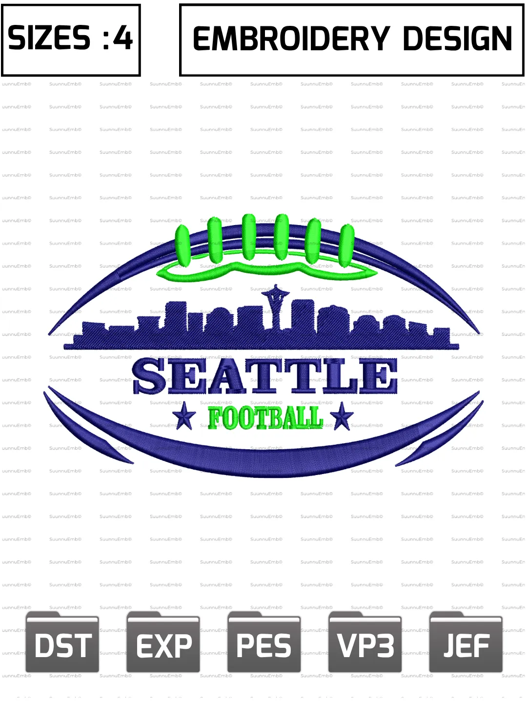 Seattle Football Skyline Badge Logo Embroidery Design,NFL Logos Embroidery Design,NFL Teams, Machine Embroidery Design File,4 Sizes, Digital Download
