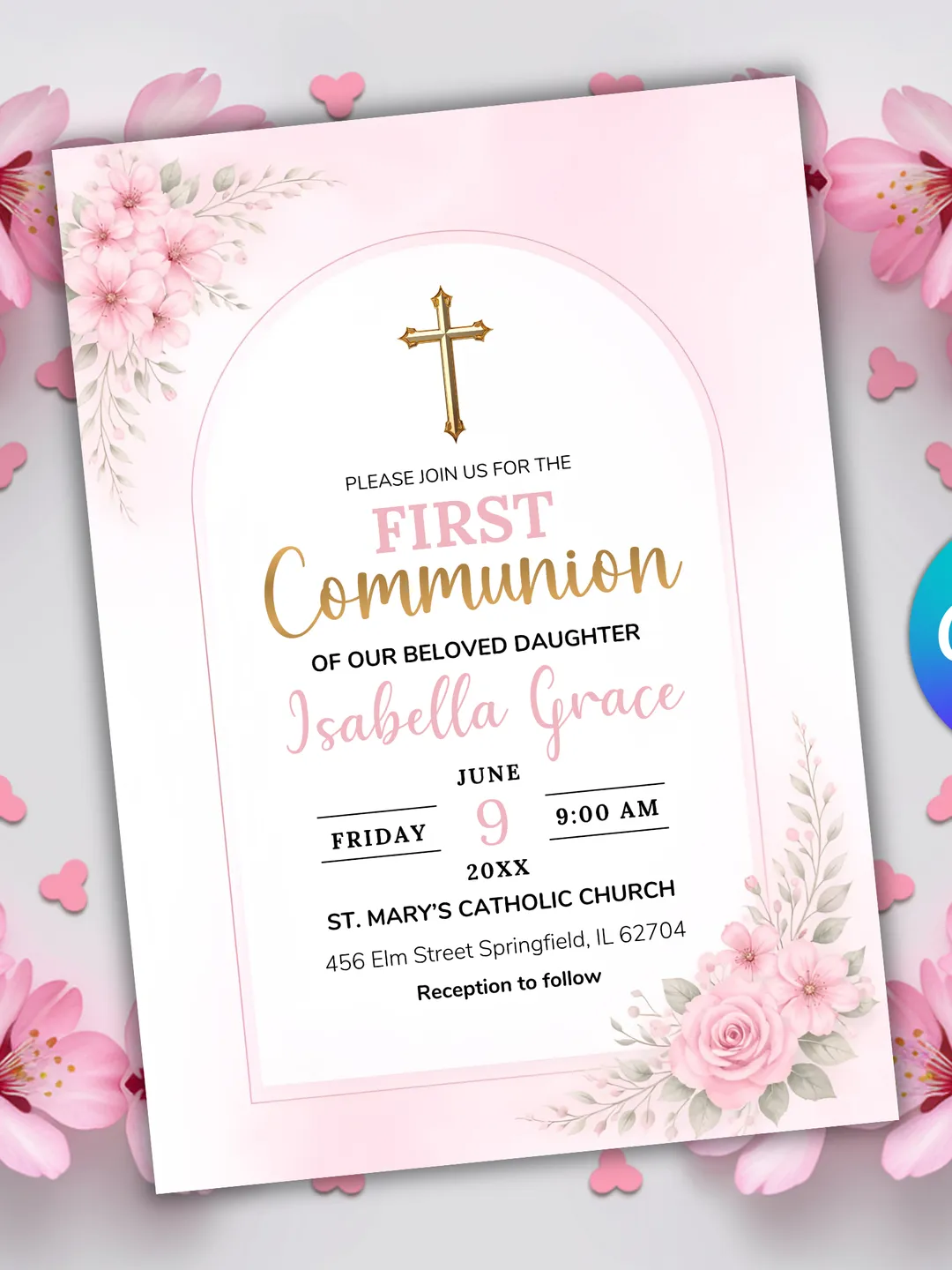 Pink First Holy Communion Invitation Template, Editable Girl Communion ...