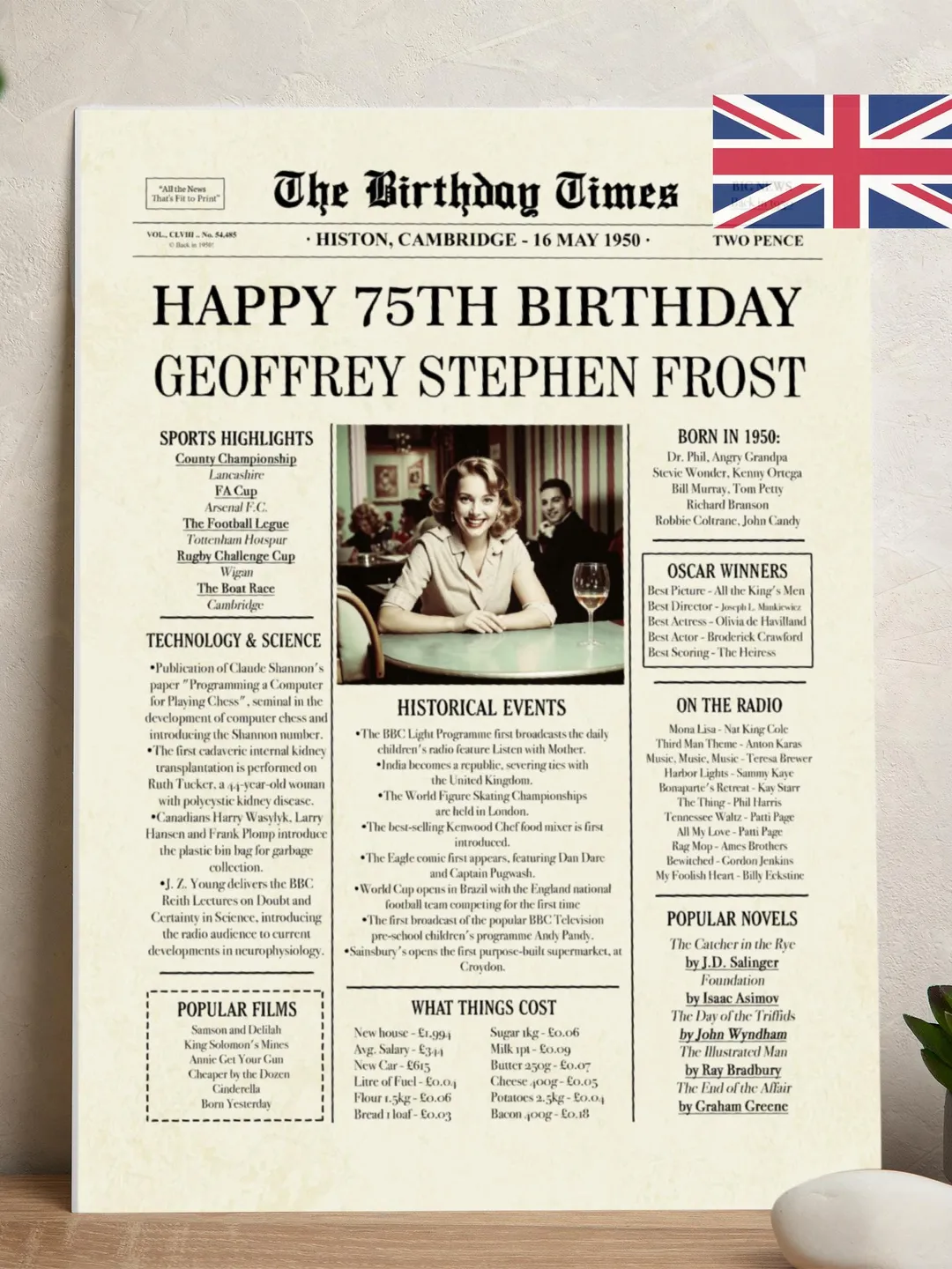 75th birthday gifts for women or men, 75th birthday newspaper poster, 75th birthday decorations, gift for 75 year old, back in 1950 uk