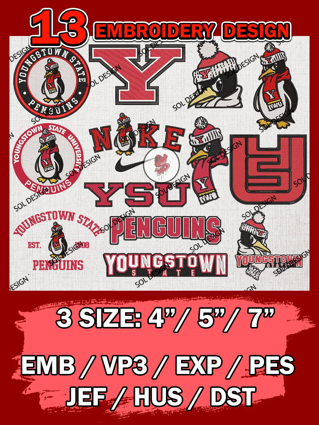13 NCAA Youngstown State Penguins Bundle Embroidery Files, NCAA Youngstown State Penguins Team Bundle Embroidery Designs, NCAA Teams, National College Football Team 3 sizes, NCAA Youngstown State Machine Embroidery, Digital Download
