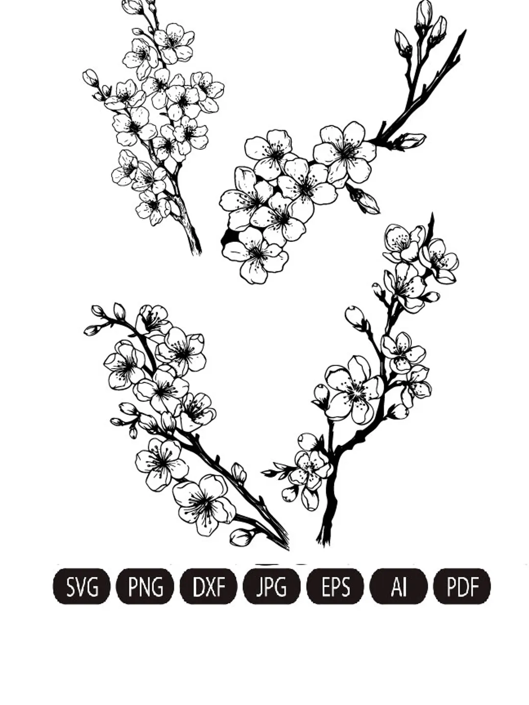 Cherry Blossom Line Art SVG, Floral SVG Bundle, Botanical Hand Drawn Illustration Clipart, Sakura svg