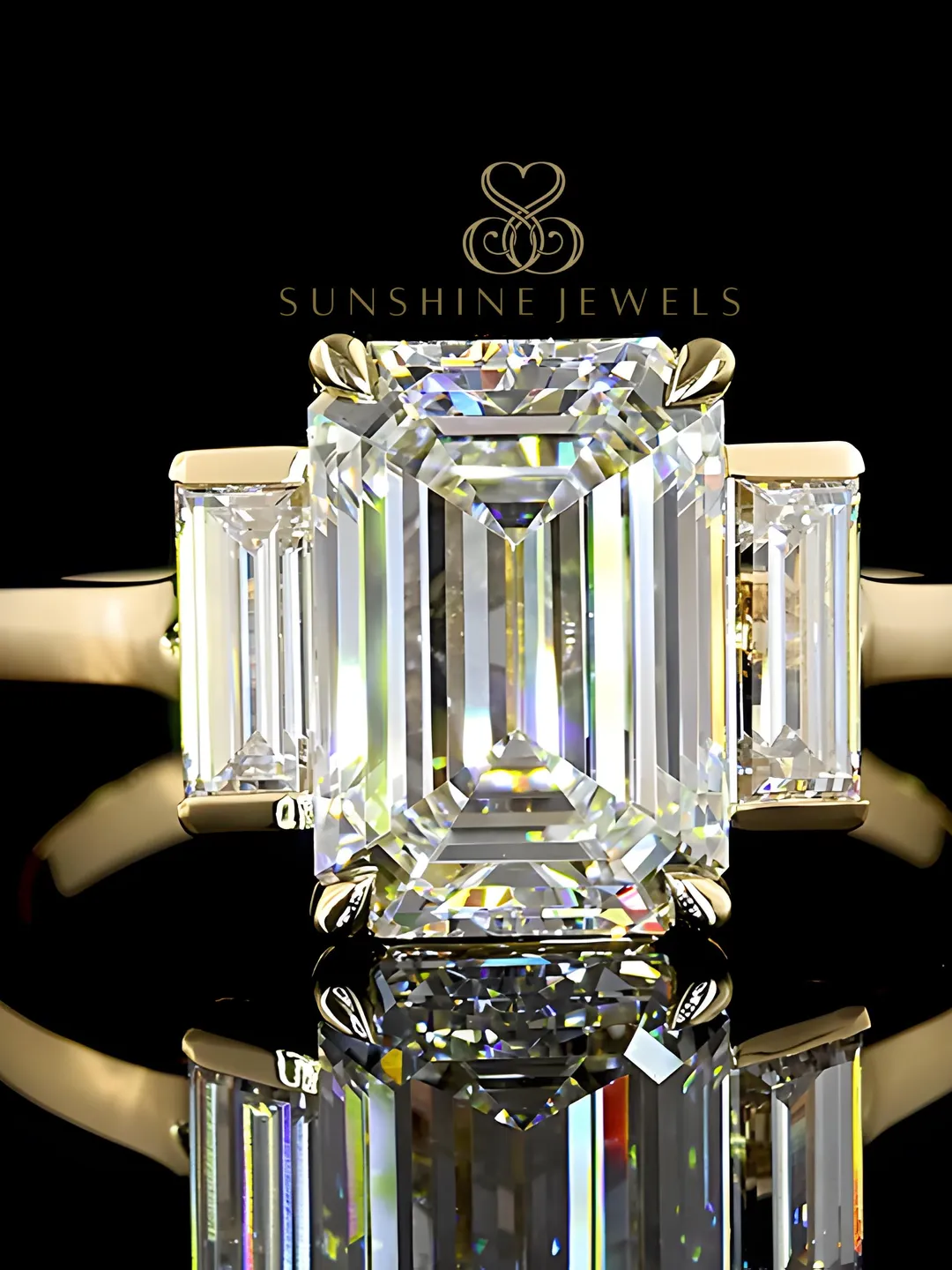 Emerald Cut 3.64 Ct Lab Grown Diamond Three Stone 14k Gold Engagement Ring